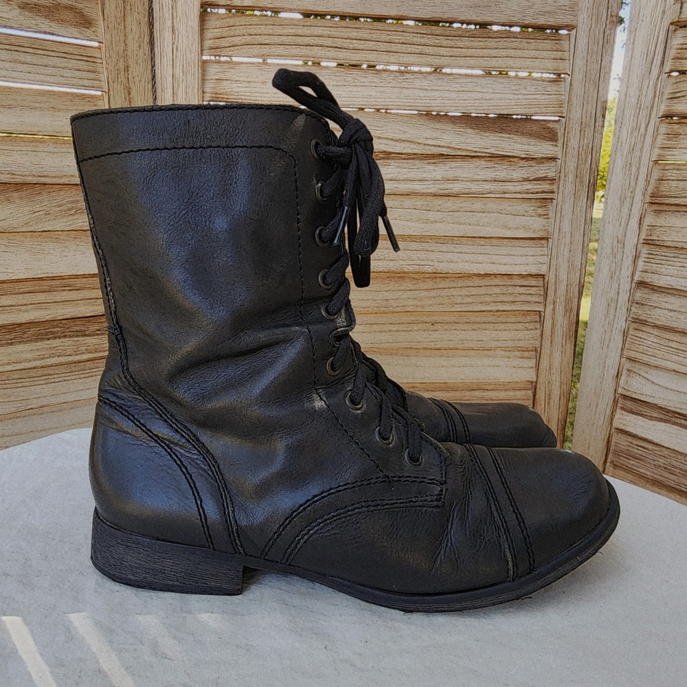 Steve Madden Sz 9M Black Leather Troopa Lace Up Combat Boots Side Zip Cap Toe - Picture 3 of 8